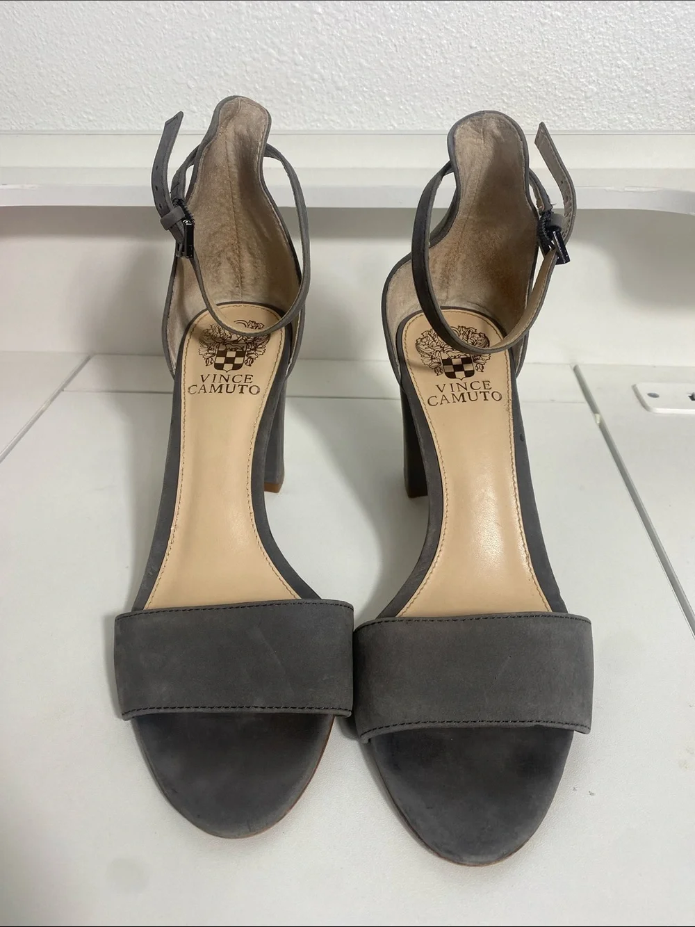 Vince Camuto Charcoal Suede Ankle-Strap Block Heels Size 7.5 M
